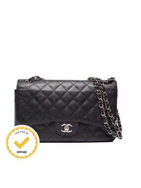 Chanel Chain Shoulder Bag Double Flap Silver Caviar Leather 16 Maxi Quilted 30
